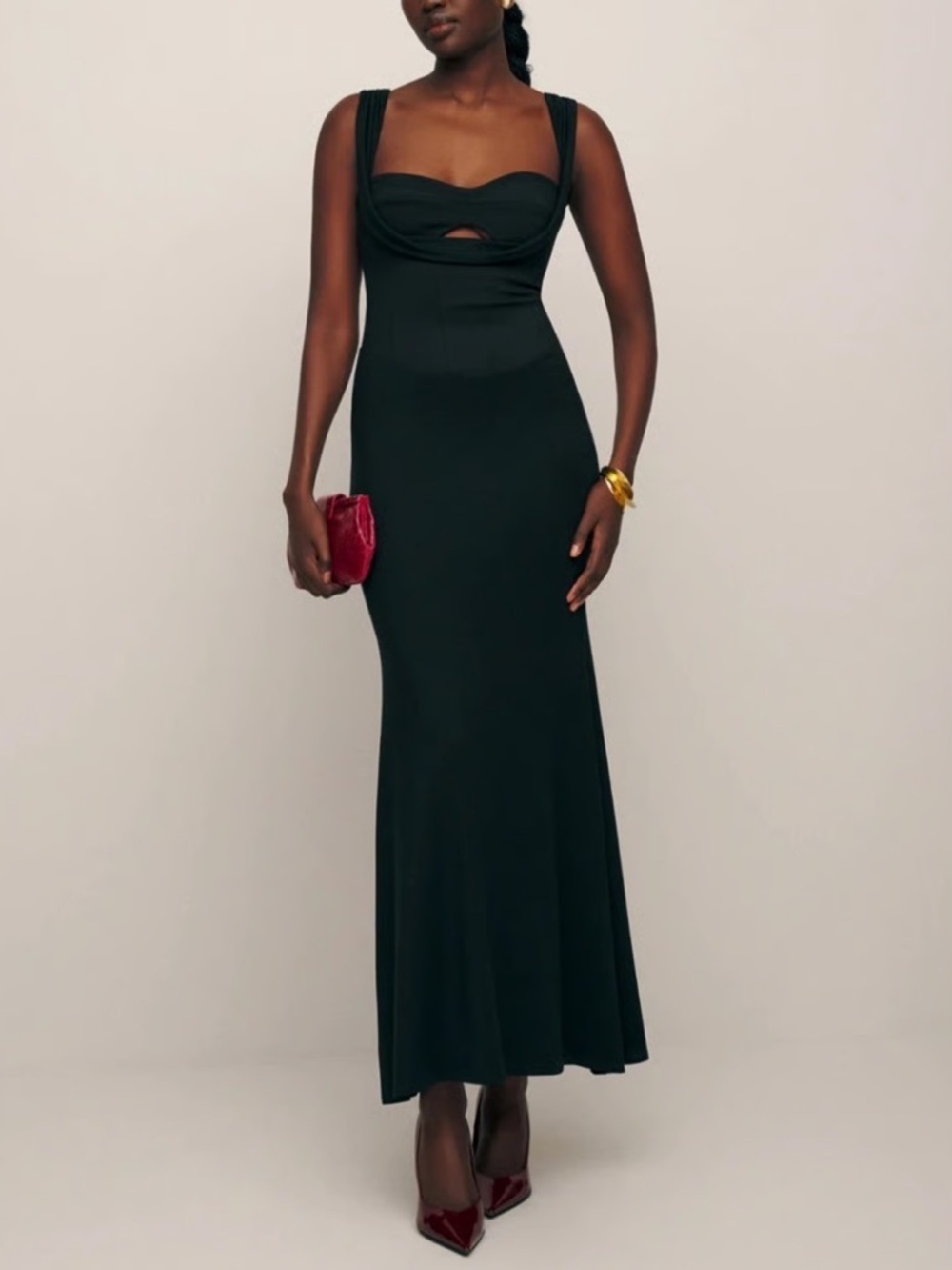 Reformation Malia Knit Dress Elegant Black Cowl-Neck Maxi Dress with Wide Straps